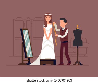 Happy young woman fitting and altering her white wedding dress with tailor. Wedding day preparations themed illustration with bride wearing wedding dress in atelier