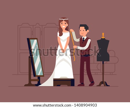 Happy young woman fitting and altering her white wedding dress with tailor. Wedding day preparations themed illustration with bride wearing wedding dress in atelier