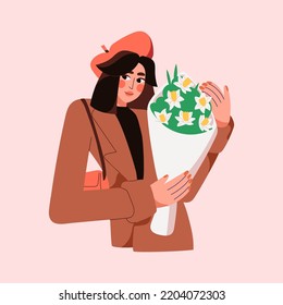 Happy young woman with flower bouquet. Modern pretty elegant girl holding floral bunch of narcissus, romantic gift of blossomed blooms. Flat graphic vector illustration isolated on white background