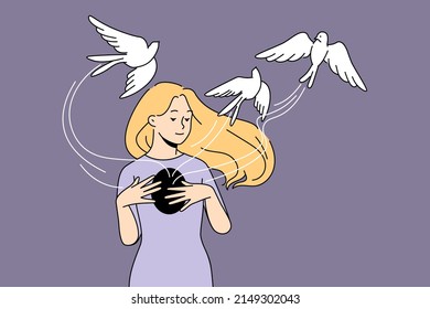 Happy young woman free birds from chest recover from depression or anxiety. Calm smiling girl overcome psychological or mental problems. Healthcare and psychotherapy. Vector illustration. 