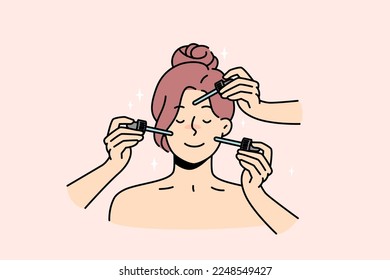 Happy young woman get skin treatment in salon. Smiling female feel relaxed receive beauty skincare facial procedures in spa. Beautician and cosmetology. Vector illustration. 