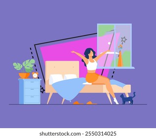 Happy young woman getting up and smiling isolated flat vector illustration. Cartoon healthy girl awakening in bedroom. Morning and comfort concept