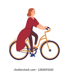 Happy young woman or girl dressed in casual clothes riding bike. Smiling female character on bicycle. Pedaling bicyclist isolated on white background. Vector illustration in flat cartoon style.