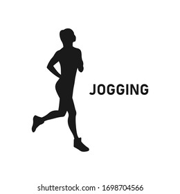 Happy young woman or girl go jogging silhouette. Jog icon. Physical exercise sign or symbol. Endurance training logo. Female workout sportswear - Simple vector black and white illustration.