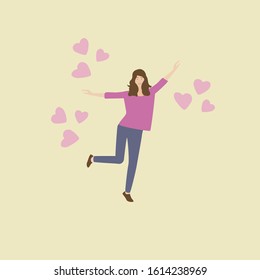 Happy young woman. A girl in love is surrounded by flying hearts. woman is happy from love. Romantic mood. Love yourself concept. Vector illustration.