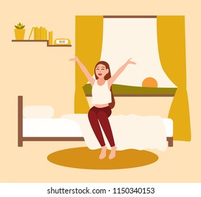 Happy young woman or girl waking up with rising sun in early morning. Smiling female cartoon character awakening at sunrise or dawn. Active start of day. Colorful vector illustration in flat style.