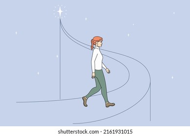 Happy young woman going up on elevated bridge reaching goal. Smiling girl walk upward motivated for success or good result. Aim or target accomplishment. Vector illustration. 