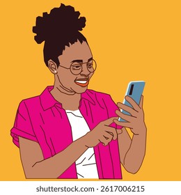 happy young woman going through her mobile phone orders