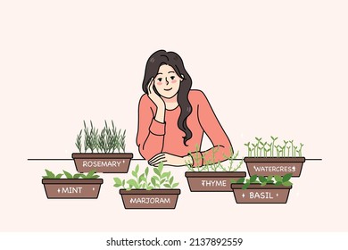 Happy young woman growing microgreen in pots at home. Smiling girl gardener take care engaged in herbs and sprouts growth at home. Gardening and greenery. Flat vector illustration. 