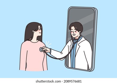 Happy young woman have online consultation on cellphone with male doctor. Man GP examine female patient on internet appointment on smartphone. Remote medicine service. Vector illustration. 