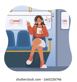 Happy young woman with headphones listening to music on subway train