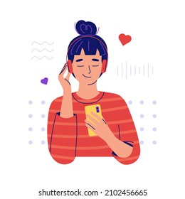 Happy young woman with headphones listening to a podcast in a mobile app. Concept of online playback of audio recordings of a video blog, broadcast, lecture in the phone. Flat vector illustration