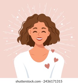 Happy young woman with hearts. Mental health banner. Love yourself. Self love concept. Illustration, vector