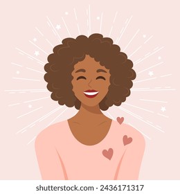 Happy young woman with hearts. Mental health banner. Love yourself. Self love concept. Illustration, vector