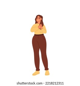 Happy young woman hold hands at chest feel grateful and thankful at heart. Smiling girl show love, compassion and care. Superstition and faith gesture. Cartoon flat vector illustration.
