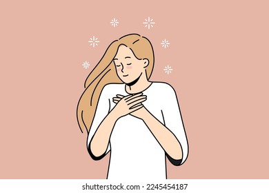 Happy young woman hold hands at chest feel grateful and thankful. Smiling millennial girl show love and gratitude. Vector illustration. 