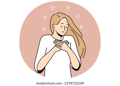 Happy young woman hold hands at chest feel grateful and thankful. Smiling millennial girl show love and gratitude. Vector illustration.