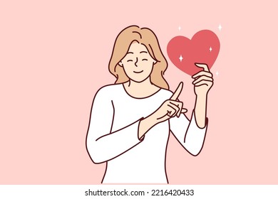 Happy young woman hold heart show with finger ask for donation or charity investment. Smiling girl point at love symbol in hands. Affection and care. Vector illustration. 