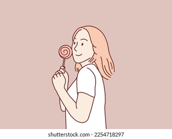 Happy young woman hold lolipop korean illustration style