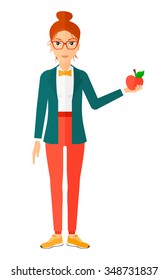 A happy young woman holding an apple vector flat design illustration isolated on white background. Vertical layout.