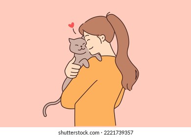 Happy young woman holding in arms fluffy cat show love   care to pet  Smiling girl cuddle kitten  Domestic animals   ownership  Vector illustration  