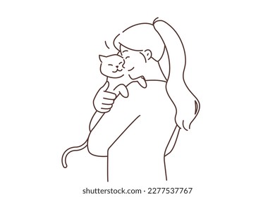 Happy young woman holding in arms fluffy cat show love and care to pet. Smiling girl cuddle kitten. Domestic animals and ownership. Vector illustration. 