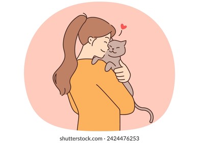 Happy young woman holding in arms fluffy cat show love and care to pet. Smiling girl cuddle kitten. Domestic animals and ownership. Vector illustration.