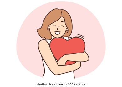 Happy young woman holding big heart in hands feeling positive and cheerful. Smiling girl feel thankful and grateful. Love and gratitude. Vector illustration.