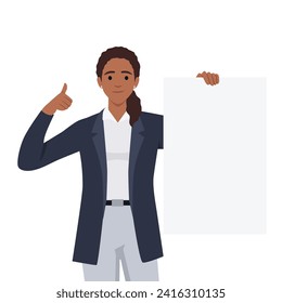 Happy young woman holding a blank or empty sheet of white paper or board and gesturing thumbs up sign. Human emotion and body language concept. Flat vector illustration isolated on white background