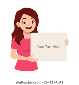 Happy young woman holding a blank sign with copy space for your text here with smile