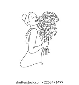 Happy young woman holding bouquet of flowers continuous line drawing illustration.