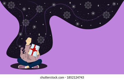 Happy young woman holding a box of Christmas present. New year trendy card with snowflakes in flat style