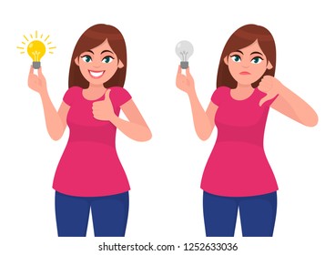 Happy young woman holding bright bulb and pointing index finger. Unhappy woman/girl  holding dull bulb and pointing to it. Idea, invention, innovation concept illustration in vector cartoon style.