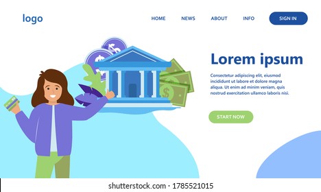 Happy young woman holding credit card. Bank building, money, cash flat vector illustration. Finance, banking, service concept for banner, website design or landing web page