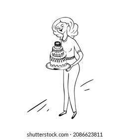 Happy young woman holding delicious cake, happy birthday.