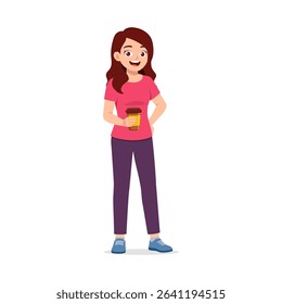 Happy young woman holding a drink cup, standing with smile expression and casual outfit, cartoon style