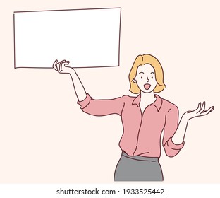 Happy young woman holding empty speech bubble. Hand drawn in thin line style, vector illustration.