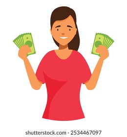 Happy young woman holding fan of money in her hands, financial well being concept