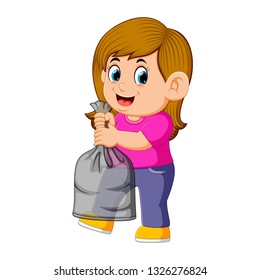 happy young woman holding garbage bag