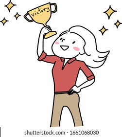 Happy young woman holding a golden trophy cup. Achievement concept with portrait of businesswoman smiling and holding a victory trophy cup. Woman with one arm akimbo lifting a trophy cup over her head