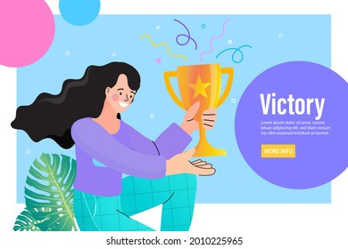 Happy young woman holding a golden trophy cup. businesswoman smiling and holding a victory trophy cup. Business winner concept. Success and achievement. Online course education. Vector graphics. 