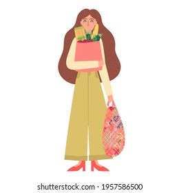 Happy young woman holding groceries in paper bag and string bag isolated on white. Smiling full length caucasian female character with shopping food products . Colorful cartoon vector illustration