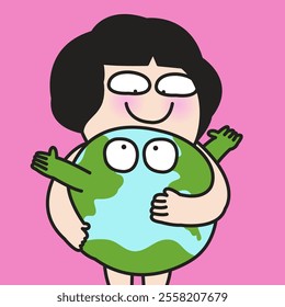 Happy Young Woman Holding Her Arms Around The Whole World Concept Cartoon Character illustration