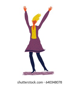 Happy young woman holding her hands up or dancing. Vector creative illustration.