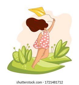 Happy young woman holding kite, running on a glade in summer time, with cheer and laugh. Self care positive and happiness vector flat concept