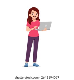 Happy Young Woman Holding Laptop, Cheerful Expression, Standing in Casual Clothes, Illustration