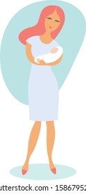 Happy young woman holding newborn baby vector illustration