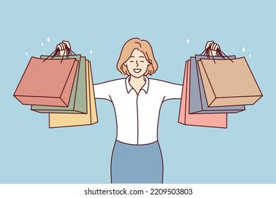 Una joven feliz sosteniendo bolsas de papel entusiasmada con las compras. Una clienta sonriente o una clienta muestra compras en un centro comercial. Consumerismo. Ilustración vectorial. 