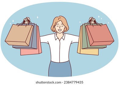 Happy young woman holding paper bags excited with shopping. Smiling female client or customer show purchases buying in mall. Consumerism. Vector illustration.