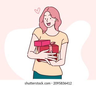 Premium Vector  Happy young woman hugging herself with enjoying emotions  isolated vector flat cartoon illustration